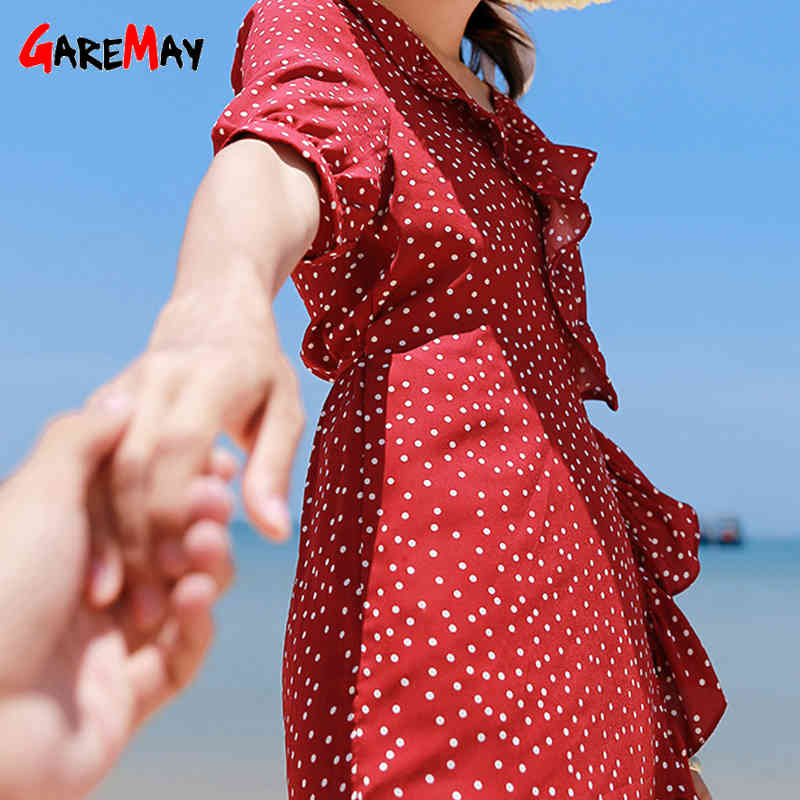 women's summer dress knee-length short polka dot vintage beach sunes ruffles ladies es 210428