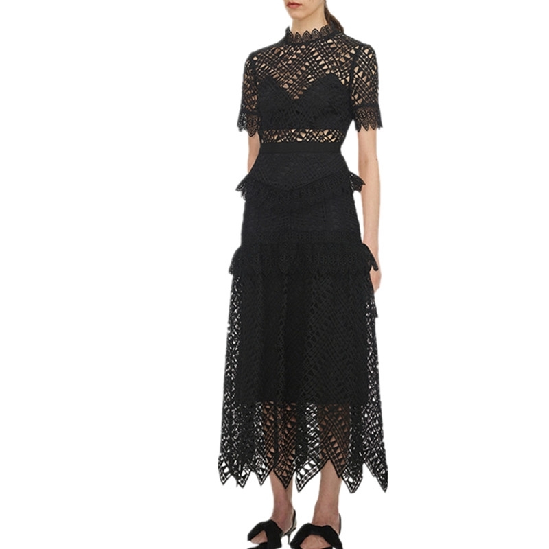 Arrive Women's Black Lace Short Sleeve Summer Dress Sexy Hollow Long Vestidos Self Portrait 210520