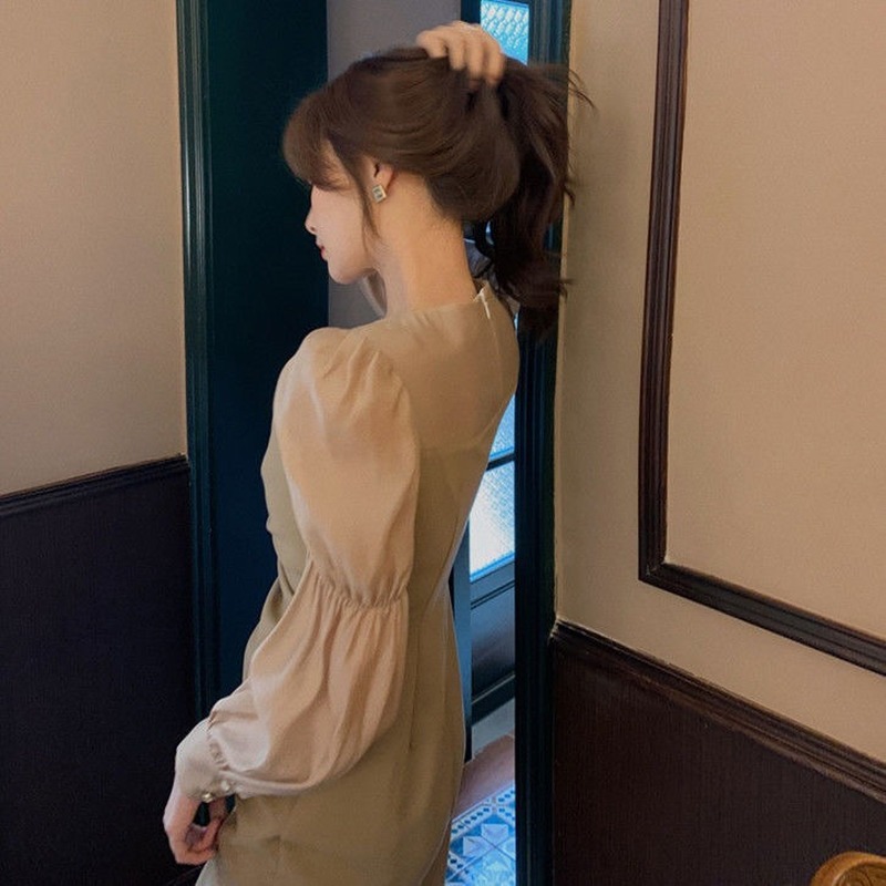 Spring French Elegant Midi Dress Women Square Collor Puffer Sleeve Vintage Dress Female Sweet Party Dress Korean 210521