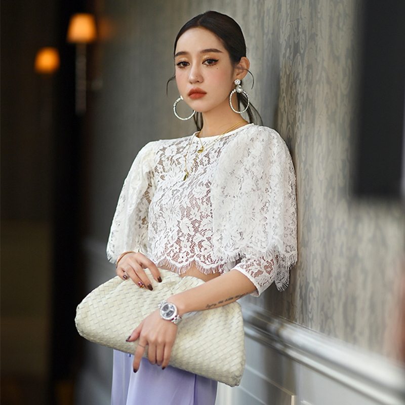 White Elegant Short Shirts For Women O Neck Flying Half Sleeve Patchwork Lace Blouses Female Fashion Clothing 210524