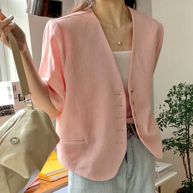 Korejpaa Women Shirt Summer Korean Chic Retro Temperament V-Neck Single-Breasted Loose Versatile Short-Sleeved Blouses 210526