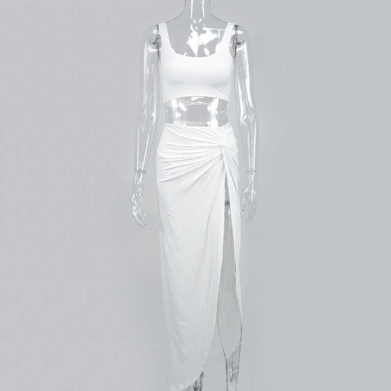 Asia White Crop Top Two Piece Set Women Sexy Backless High Waist Twist Side Split Bodycon Skirts 2 Piece Summer Clothes 210708