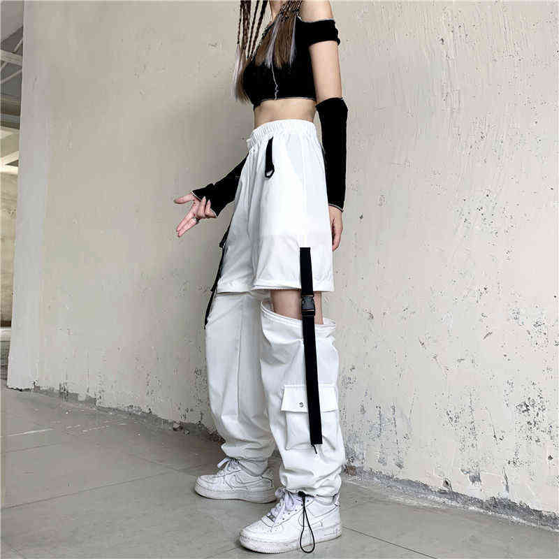 HOUZHOU White Streetwear Cargo Pant Y2k Harajuku Loose Patchwortk High Waist Trousers Casual Removable Techwear Korean 211124