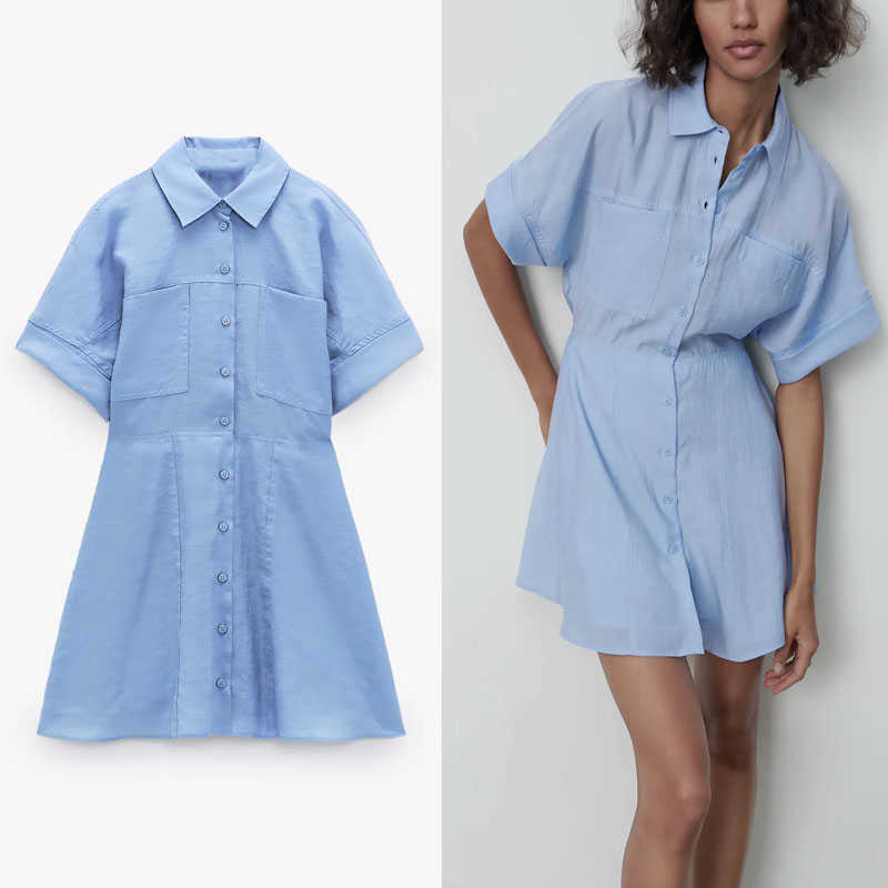 Za Blue Summer Shirt Dress Women Short Sleeve Patch Pockets Pleat Casual Mini Dress Female Chic Button Up Elastic Dresses 210602
Za Blue Summer Shirt Dress Women Short Sleeve Patch Pockets Pleat Casual Mini Dress Female Chic Button Up Elastic Dresses 210602