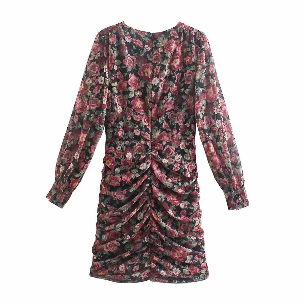 Women Drapped Dress Floral Printed V-neck Short Mini dress Long Sleeves Chic Lady elegant Vintage Casual Woman Dresses 210709
