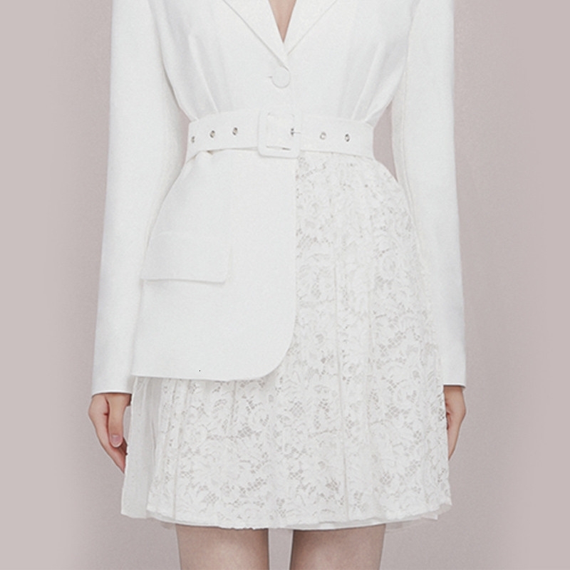 Autumn Notched White Cloth Lace Patchwork Long Sleeved Single Breasted Office Lady Dress Casual OL Vestidos 210515