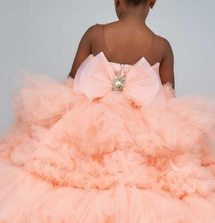 Crystals Sheer Neck Tiers Tutu Flower Girl Dresses Fashion Tulle Elegant Lilttle Kids Birthday Pageant Weddding Gowns