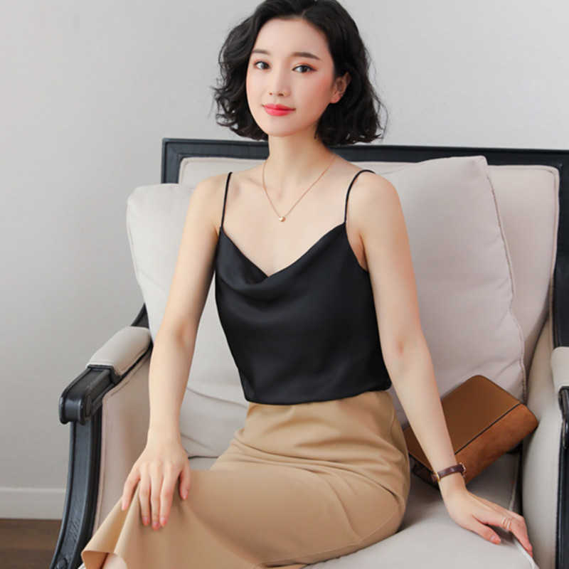 Korean Fashion Silk Women Tops Tees Woman Satin Tank V Neck Solid s Camis White Crop Elegant OL 210531