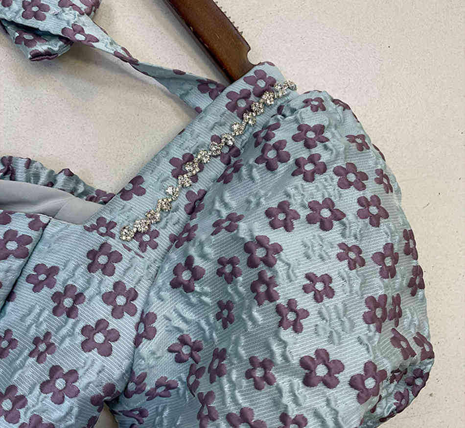 Free Diamond Printed Dress Women Lace-up Butterfly Lantern Sleeve Halter Ruffled Puffy Party Vestidos 210524