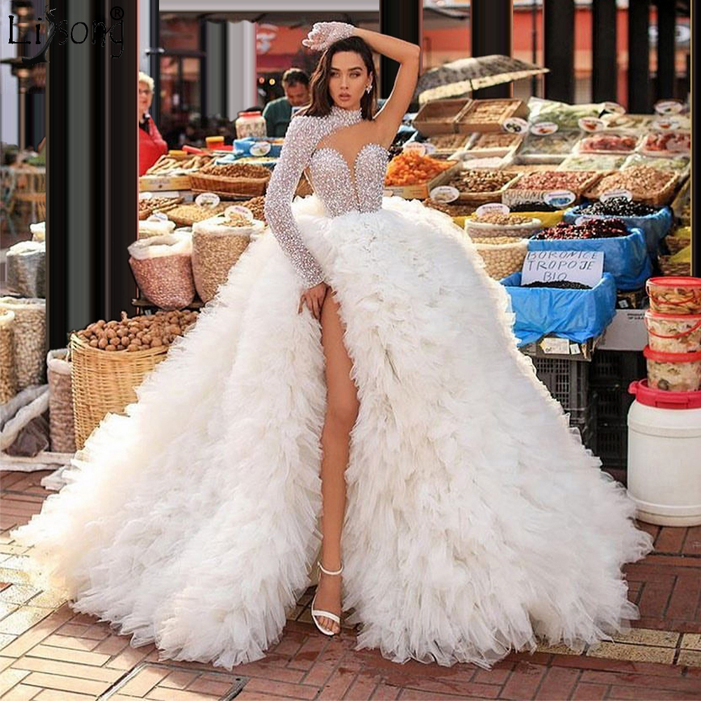 Gorgeous White Tulle Wedding Dress A e One Shoulder Robe Mairee Sexy Gown High Slit Bridal Dresses Vestido De Novia