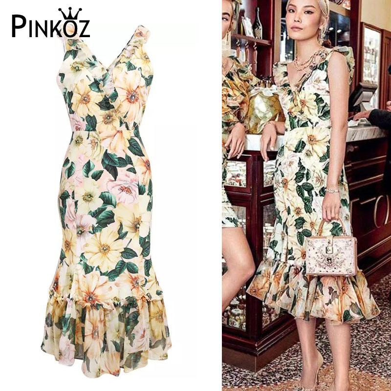 summer dress for women boho rose flower printed yellow floral sleeveless ruchend mermaid midi dresses chic england style 210421