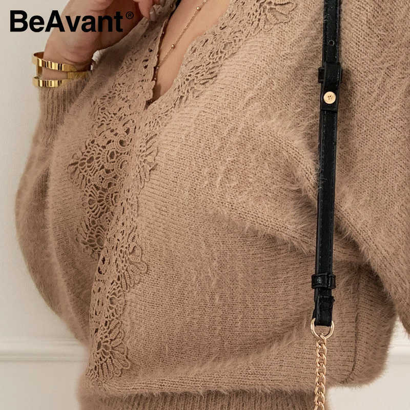 BeAvant Sexy khaki knitted backless women dress V-neck lace up bodycon short dress Office street autumn winter dress 210709