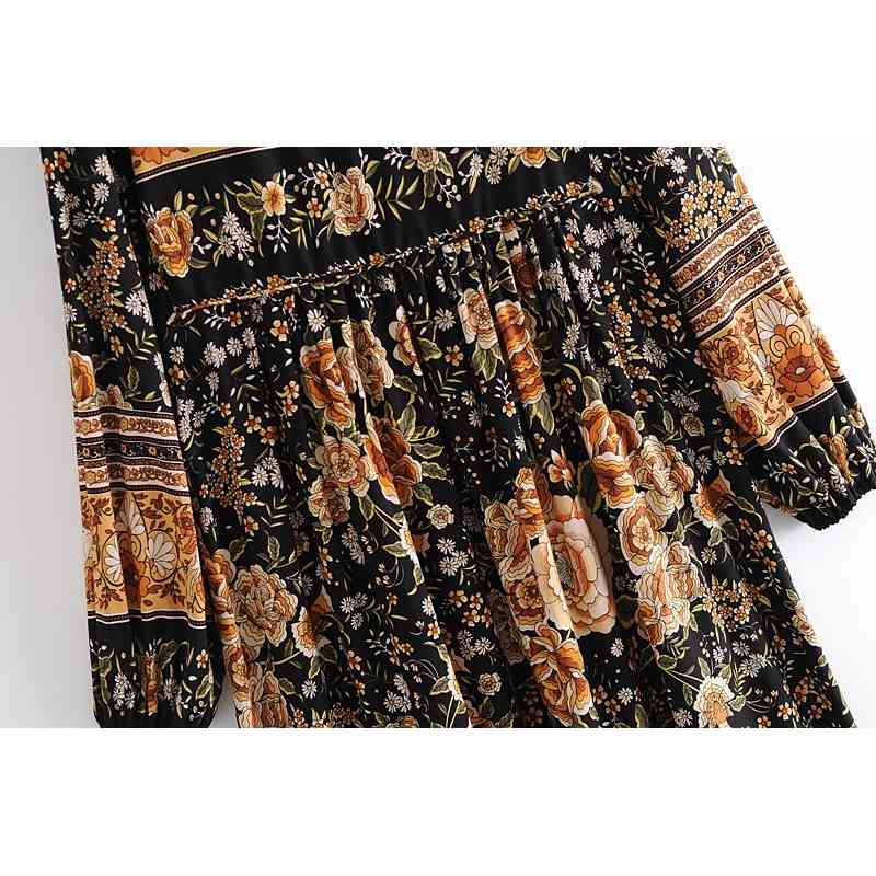 Autumn Bohemia Lacing up V neck Flower Print Long Dress Black BOHO Woman Sleeve Tassel Strappy Holiday Dresses Beach 210429