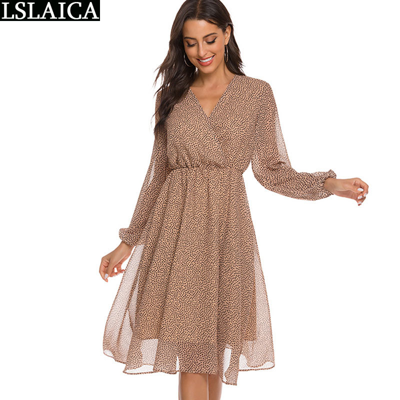 Dress Women Summer Long Sleeve Polka Dot Print Deep V Neck Sexy Female Plus Size Elegance Fashion Casual Party 210515