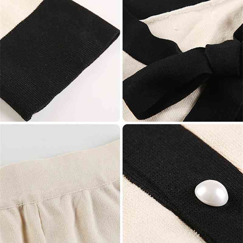 Bow Tie Collar Sweater Top + Wide Leg Pant 2 Piece Suit Women Striped Sweater Suit Sets Knitted Cardigans Pants Set Tracksuits 210515