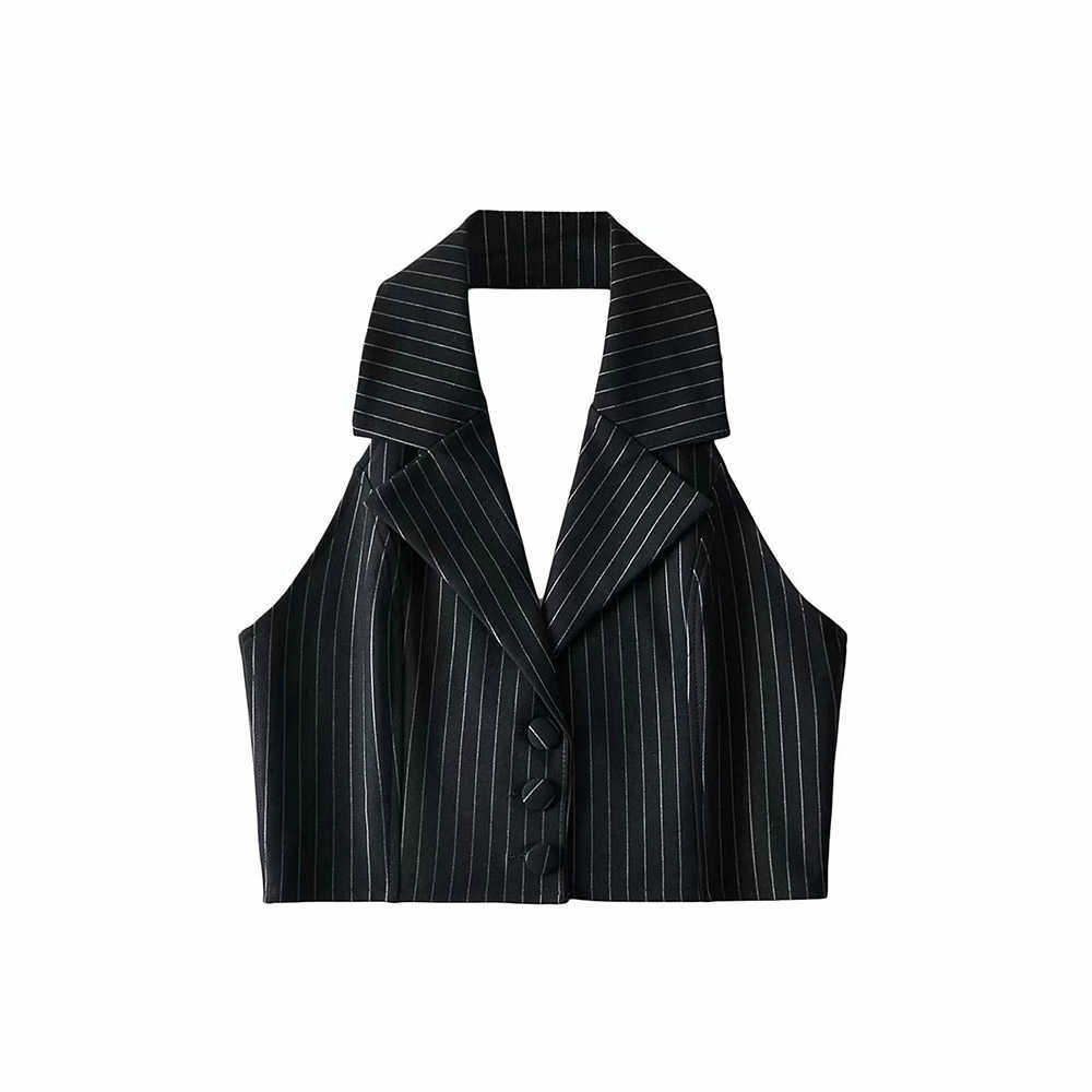 Summer Latest French Retro Striped Lapel Short Vest Female Sleeveless Sexy Backless Slim Short Top Single Breasted Suit Vest 210910
