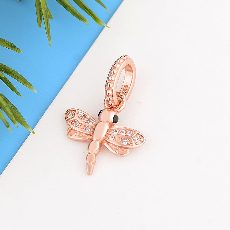 Fit Original Brand Pan Charm Bracelet 925 Silver Rose Gold Animal Insect Dragonfly Zirconia Pendant Bead Women Spring Berloque