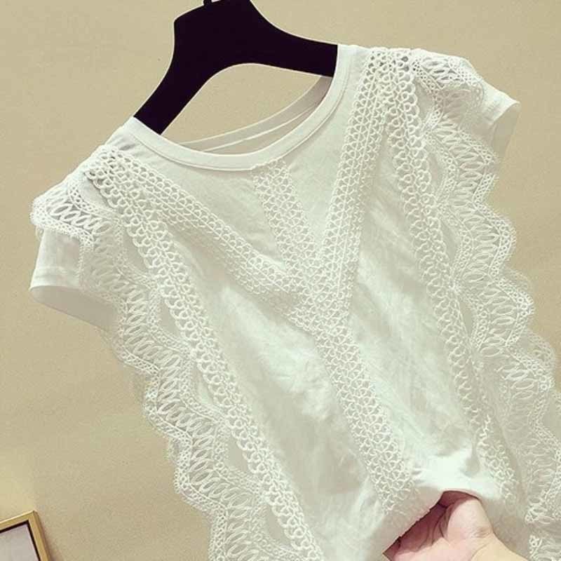 Summer Korean Fashion Clothing Plus Size Solid Sleeveless Women Tops and Blouses Lace Patchwork Spliced Shirt Blusas 4835 210518