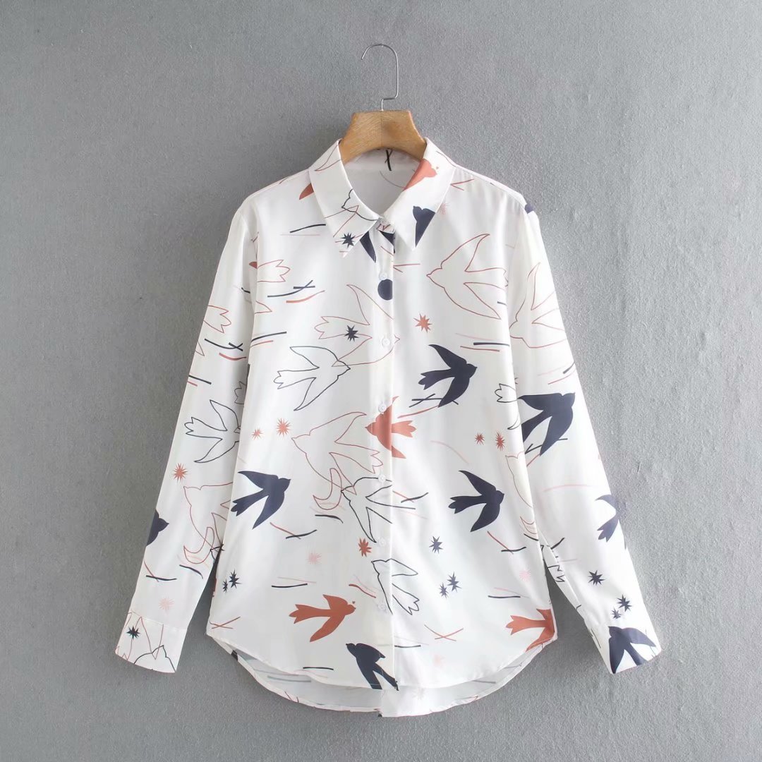Cartoon Print Plus Size Skin-friendly Chic Female Shirt Top Lapel Single-breasted Long-sleeved Women's Tops 210507