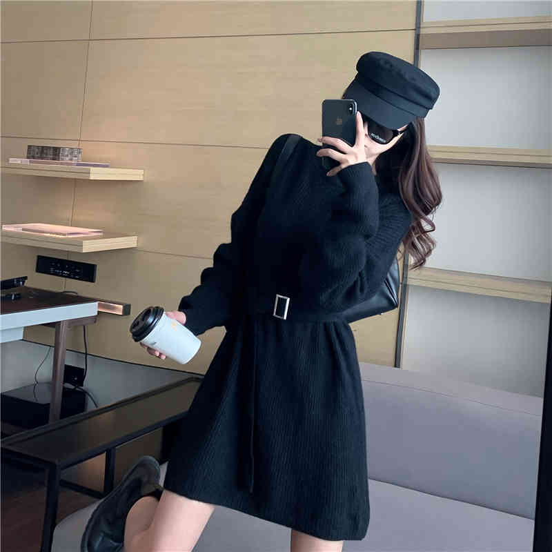 Sweater Dress Women Solid Casual Long Sleeve Slim A-line Mini Office Knitted Dress Female Dress Korean Autumn 210521