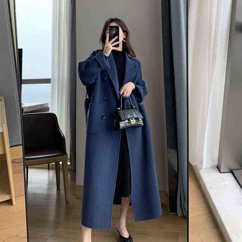 LANMREM Autumn Winter Women Woolen Coat Warm Long Length Double Breasted Navy Blue Coats Female Elegant Outerwear 2C533 211130