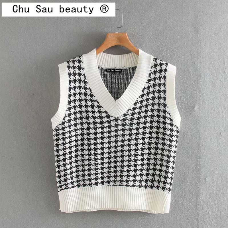 Chu Sau beauty Loose Oversized Knitted Sweater Vest Women Casual V-neck Plaid Sleeveless Sweaters Chic Tops 211018