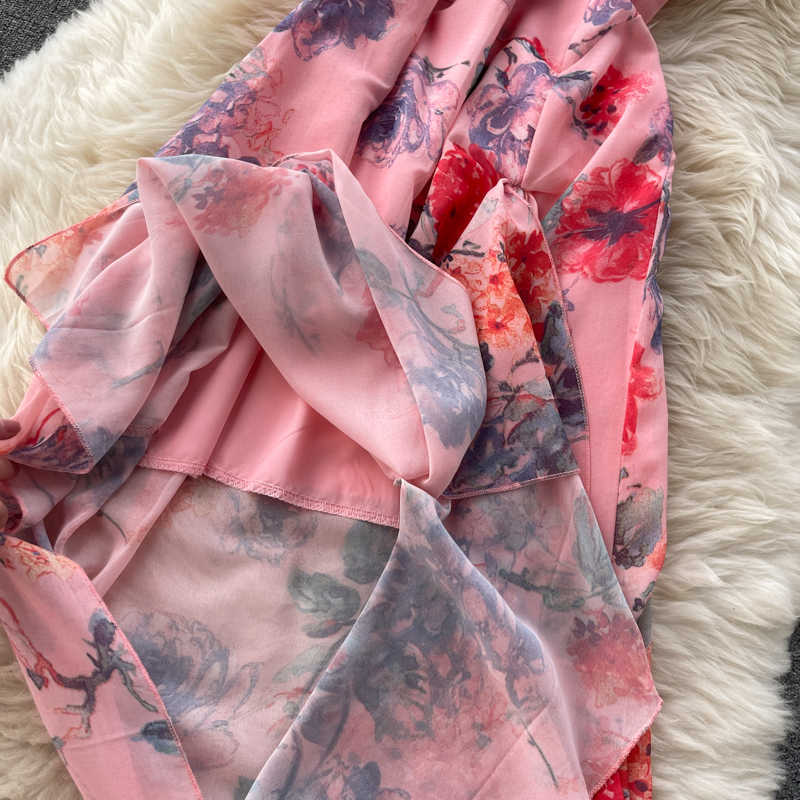 DEAT Women Printing Slin Asymmetrical Dress Square Neck Sleeveless Arrivals Lady Sexy Fashion Spring Summer 11D557 210709