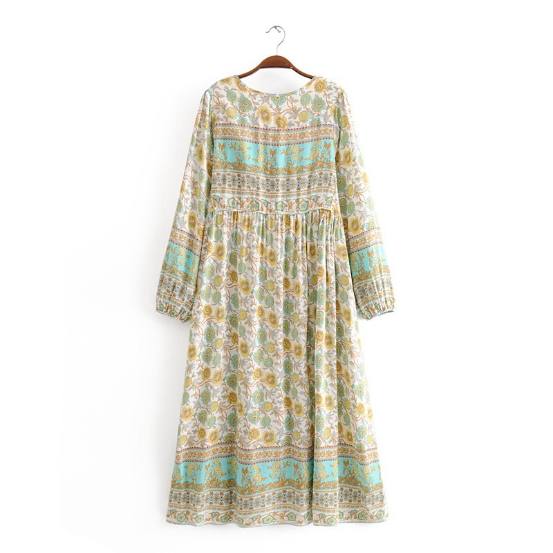 Bohemia Lacing up V neck Location Big Flower Print Long Dress BOHO Woman Sleeve Tassel Strappy Holiday Dresses Beach 210429