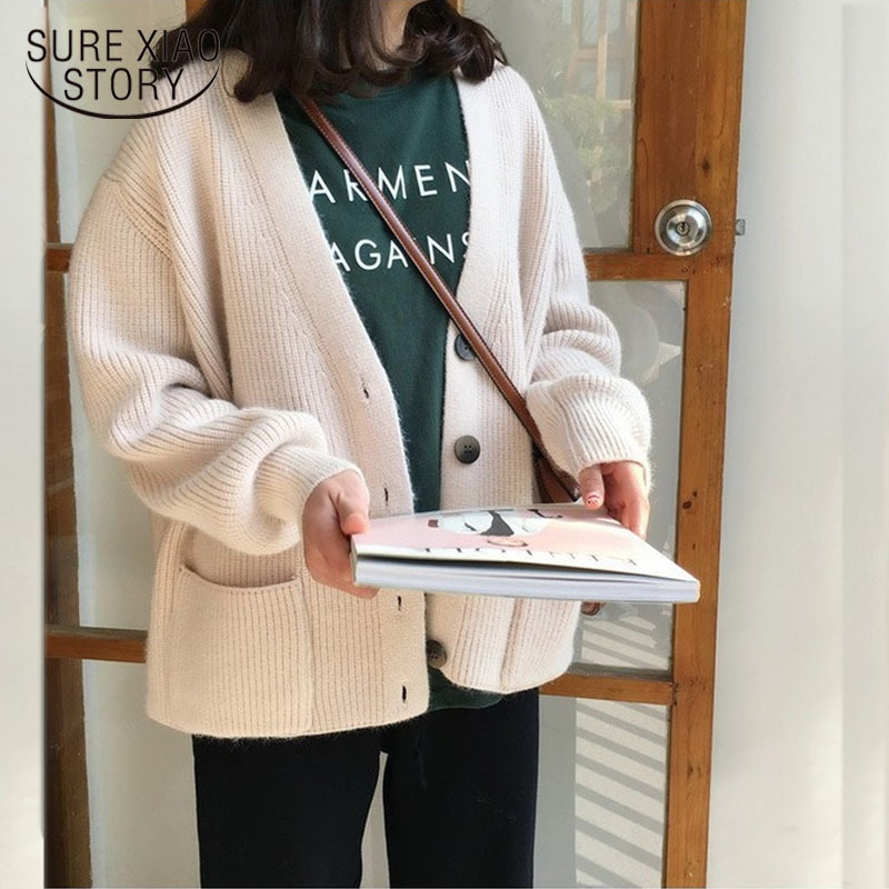 Solid V-neck Knitted Sweater Women Cardigan Winter Loose Knitwear Single Breasted Casual Outwear Jacket 10866 210506