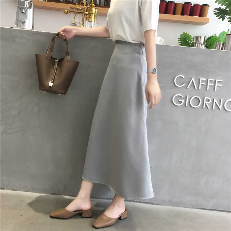 Summer Elegant Women Skirt Ladies Satin Plain Shiny Vintage s Solid Office High Waist Fashion Party s chic 210619