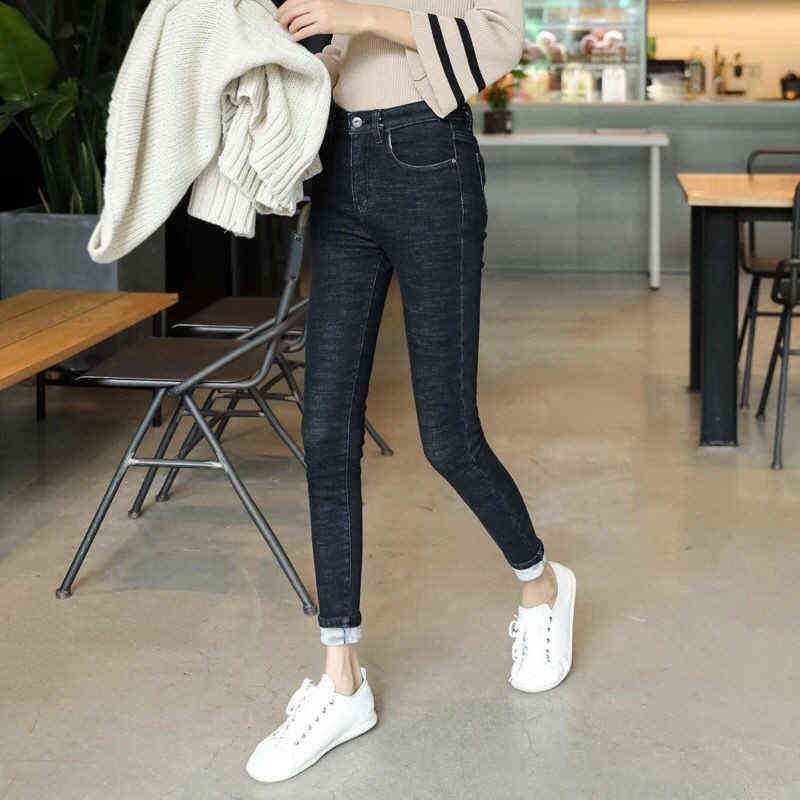 streetwear black thickening velvet High Waist Warm Jeans For Women Winter warm Denim Pants Jean Ladies Trousers 211129