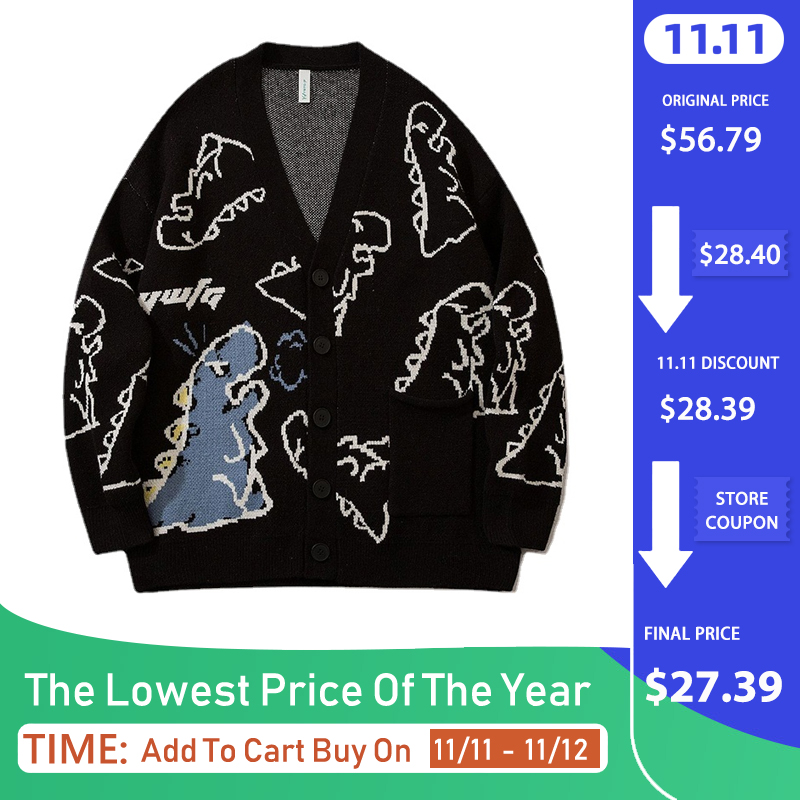 Harajuku Dinosaur Pattern Black Cardigan Sweater Men Vintage Oversized Cartoon Kawaii Coats Autumn Winter Loose Knitted Sweater, White
Harajuku Dinosaur Pattern Black Cardigan Sweater Men Vintage Oversized Cartoon Kawaii Coats Autumn Winter Loose Knitted Sweater, White