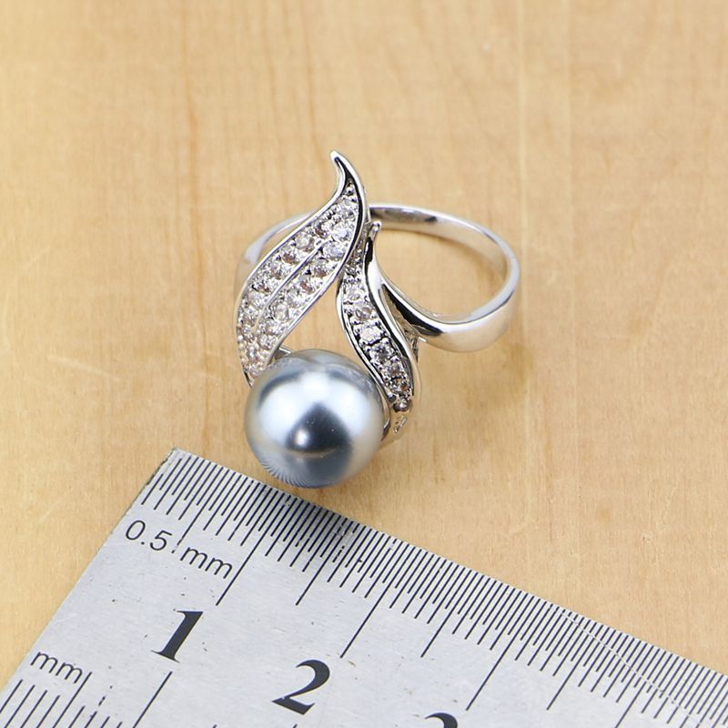 Silver 925 Bridal Jewelry Sets Pearls Beads For Women Wedding Drop Earrings Necklace Ring Natural Black Zircon