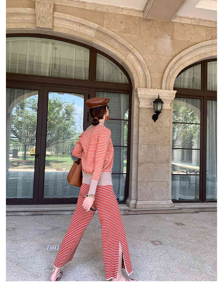 fashion Colour Striped Cardigan Jacket + Suspender Vest Side Slit Skinny Broad-legged Pants Women Spring Autumn Outfit 210519
