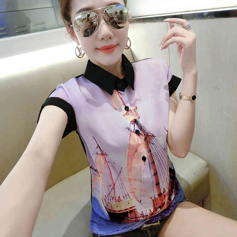Summer Women's blouses fashion print short sleeve chiffon blouse women shirts turn down collar office ladies tops 4560 50 210508