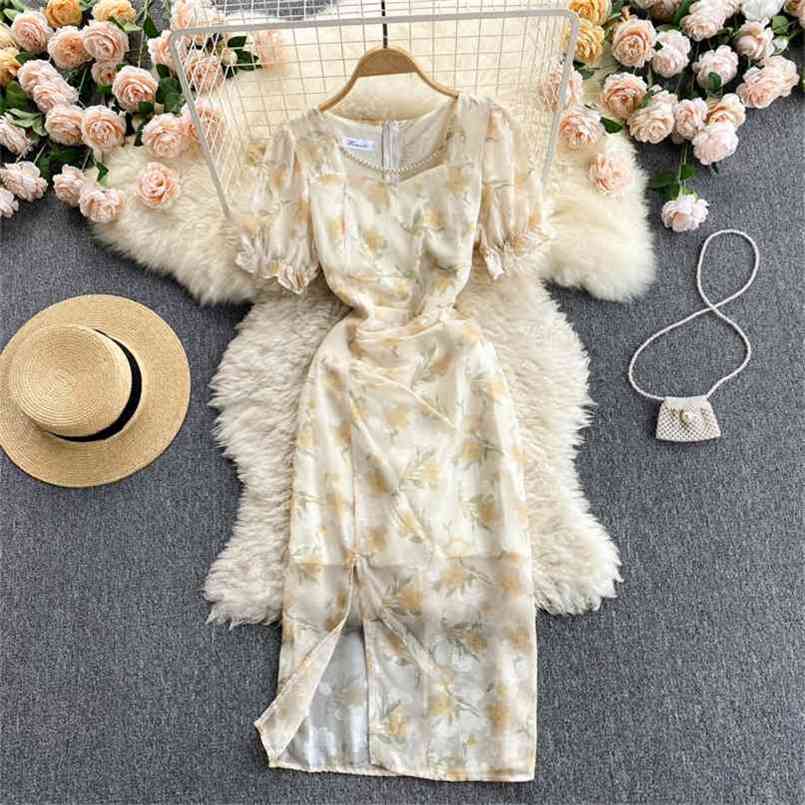 Women Dress Korean Fashion Beading Square Collar Short Sleeve Summer Elegant Floral Print Slim Midi Chiffon 210603, Yellow
Women Dress Korean Fashion Beading Square Collar Short Sleeve Summer Elegant Floral Print Slim Midi Chiffon 210603, Yellow