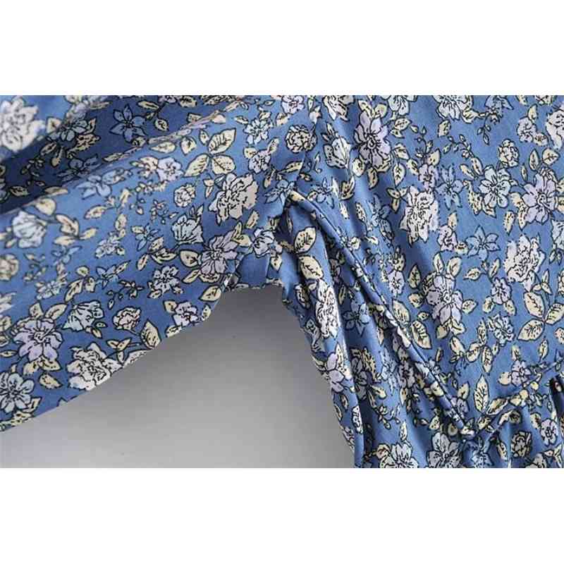 Bohemia Bandage Lacing up Collar Blue Floral Print Dress BOHO Woman Long Sleeve Maxi Holiday Dresses Beach 210429