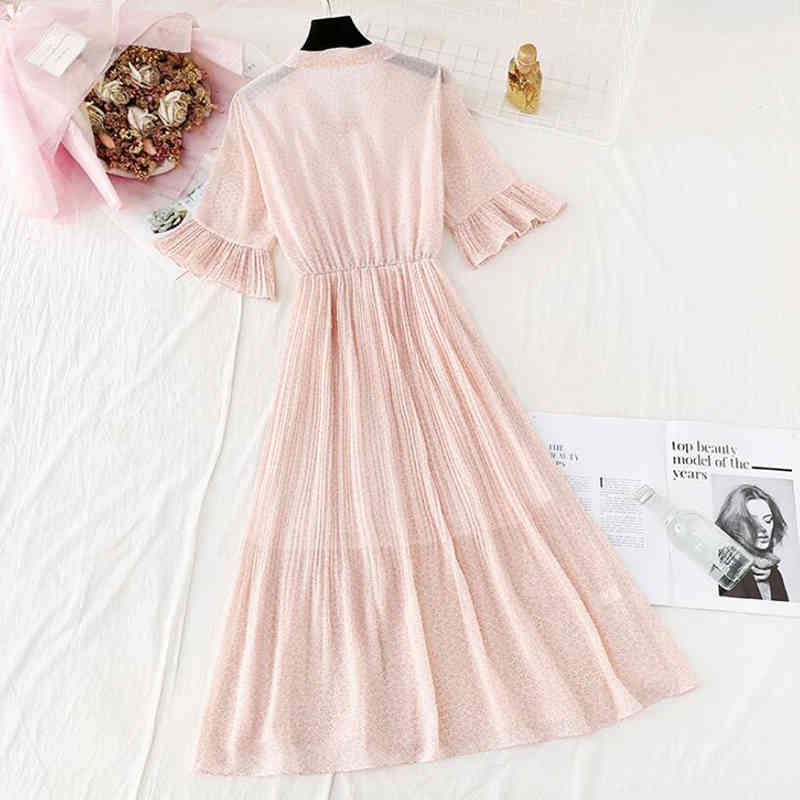 Summer Short Sleeved Chiffon Dress Women Bow Floral Ruffled Pleated Dresses Elastic Waist Print Female Mid-calf Vestidos 210521