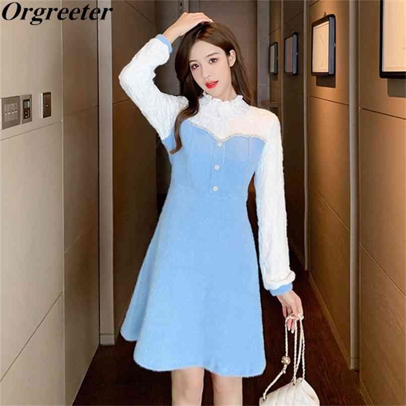 Arrival Temperament Lace Stitching Warm Fuzzy Long-sleeved A-line Mini Dress 210602, Blue
Arrival Temperament Lace Stitching Warm Fuzzy Long-sleeved A-line Mini Dress 210602, Blue