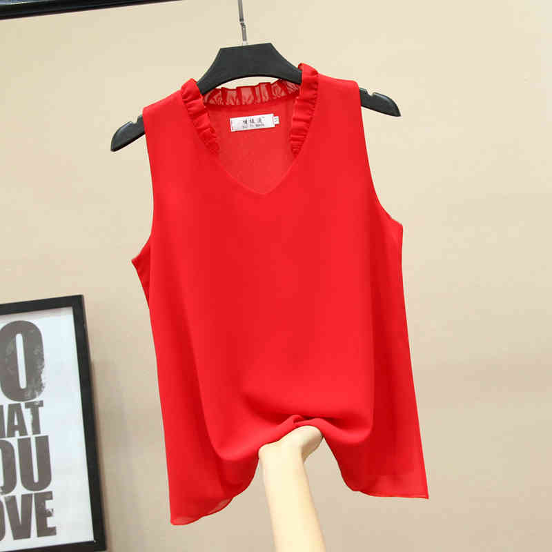 Summer Sexy Ruffle V-neck Chiffon Blouse Women Casual Solid Sleeveless Shirt Lady Plus Size Blusas Modis Tops 210519