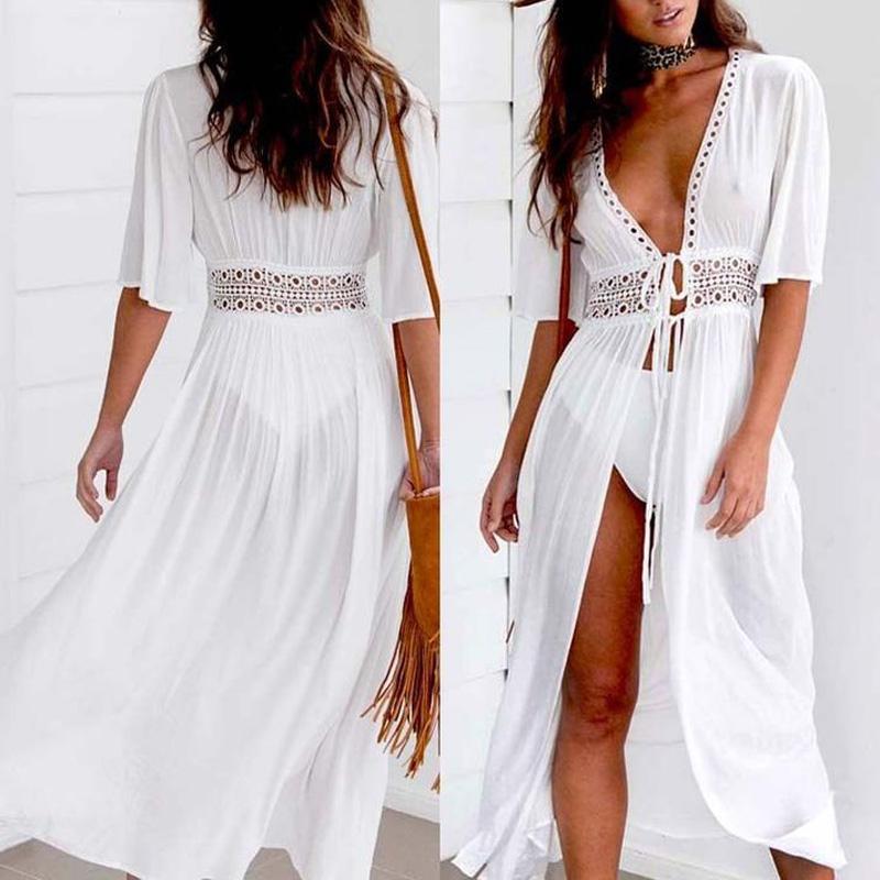 Women Beach Cover Up Tunic Lace White Long Pareos Bikini Sarong Bathing Suit Kaftan Dress Beachwear Women's Swimwear