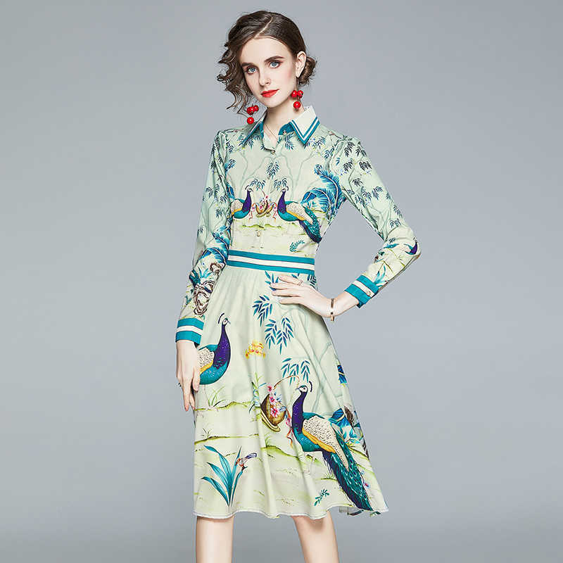 Vintage Women Turn-Down Collar Long Sleeve Party Dress Fashion Sexy Lady Elegant Slim Peacock Printed Dresses Vestidos 210525