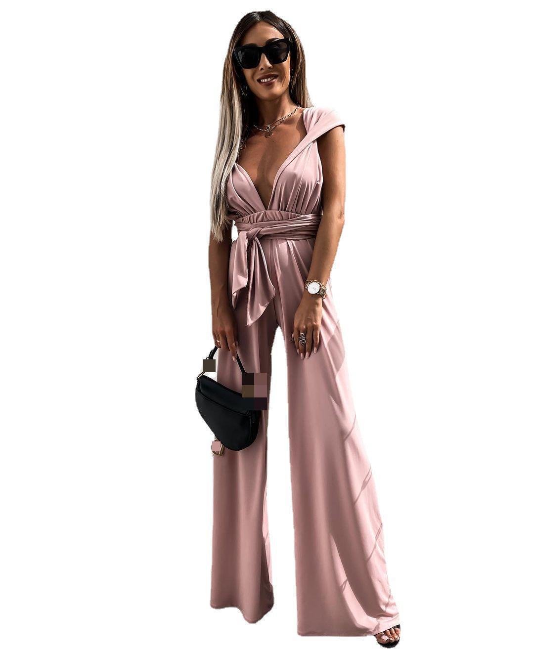 Women Jumpsuit V Neck Sleeveless Bandage Rompers Womens High Waist Wide Leg Plus Size Summer s 210513