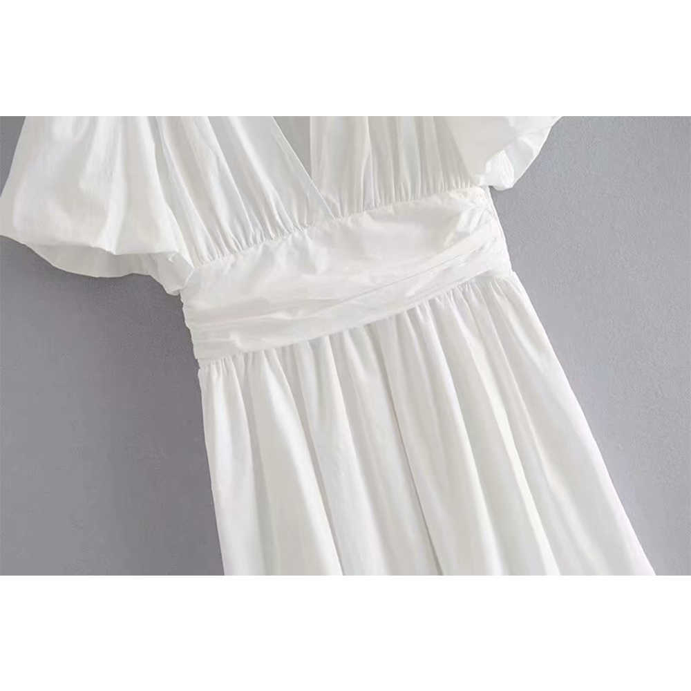 Summer Women Dress V-neck Puff Sleeves Elastic Waist elegant Casual Fashion Chic Lady Woman Pleated Short Dress 210709