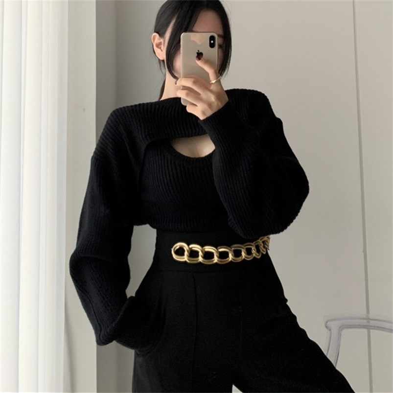 Korean Fashion Two Piece Set Women Long Sleeve Top + Sleeveless Vest s Sexy Ladies Matching 210805