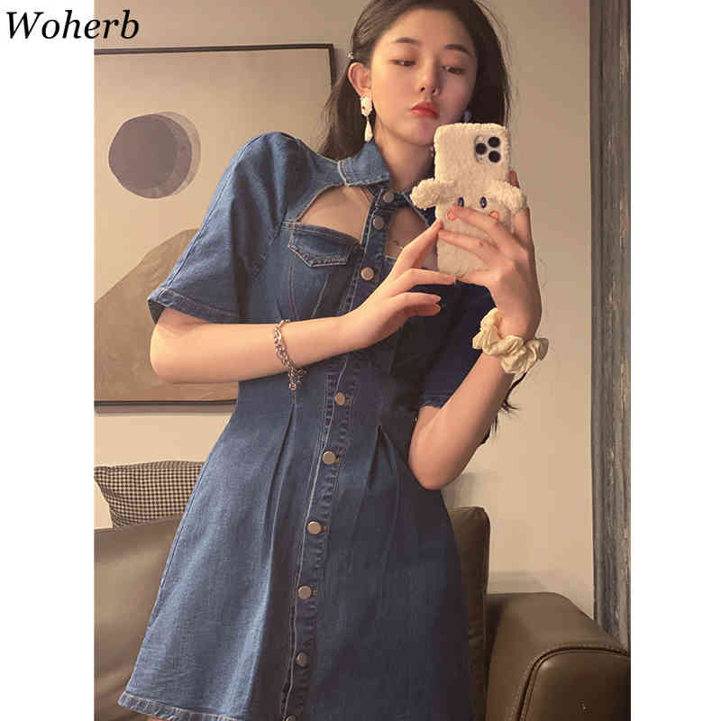Chic Women Denim Dresses Hollow Out Turn Down Collar Blue Jean Dress Streetwear Mini Party Robe High Waist Slim Vestidos 210519