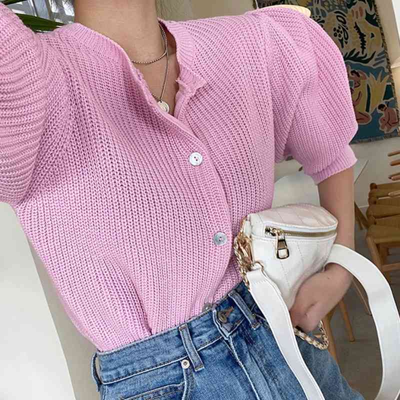 Short Knitted Cardigan Summer Puff Sleeve O-neck Knitwear Tops Causal Single Breasted Women Sweater Coat 6F219 210603