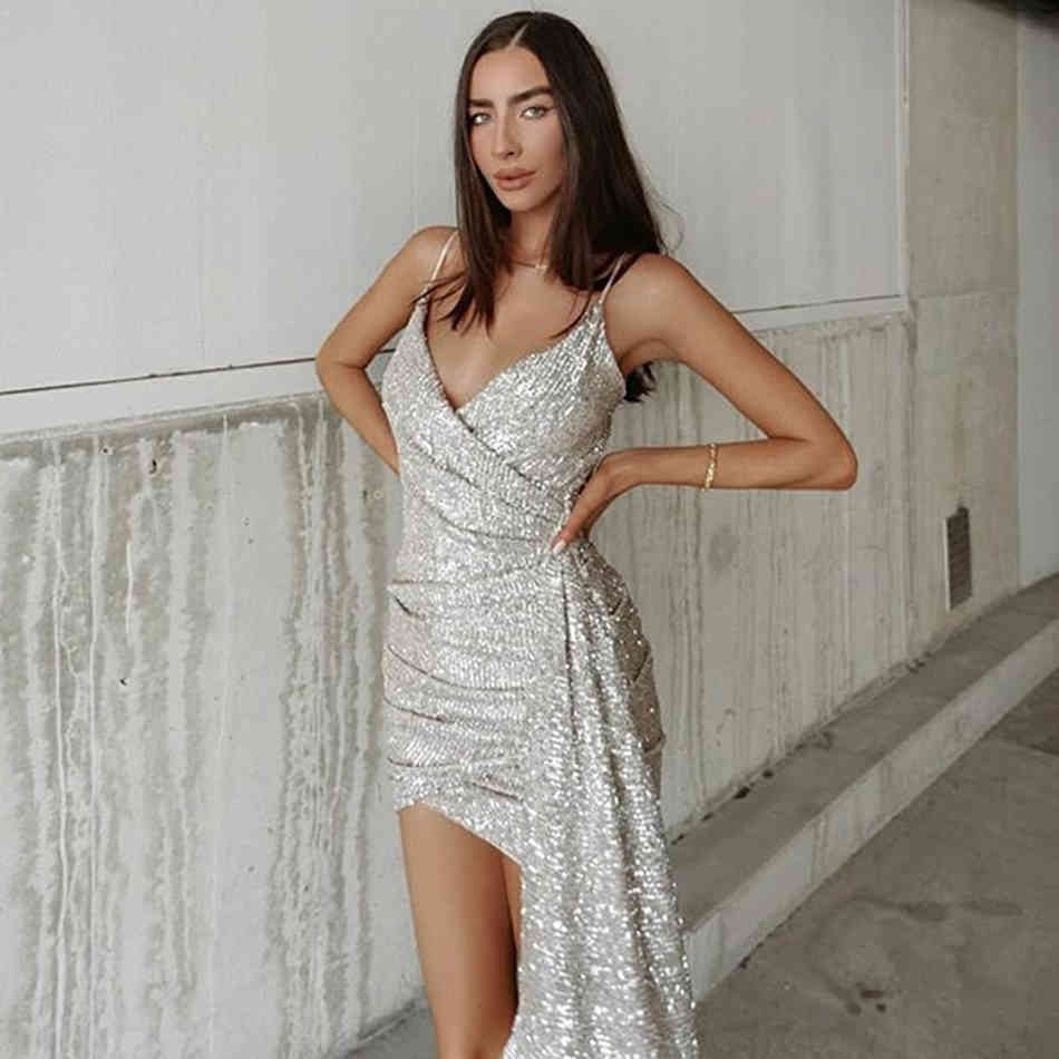 Free High Quality Women Sequined Dress Sexy V-neck Spaghetti Strap Bodycon Draped Club Party Mini 210524