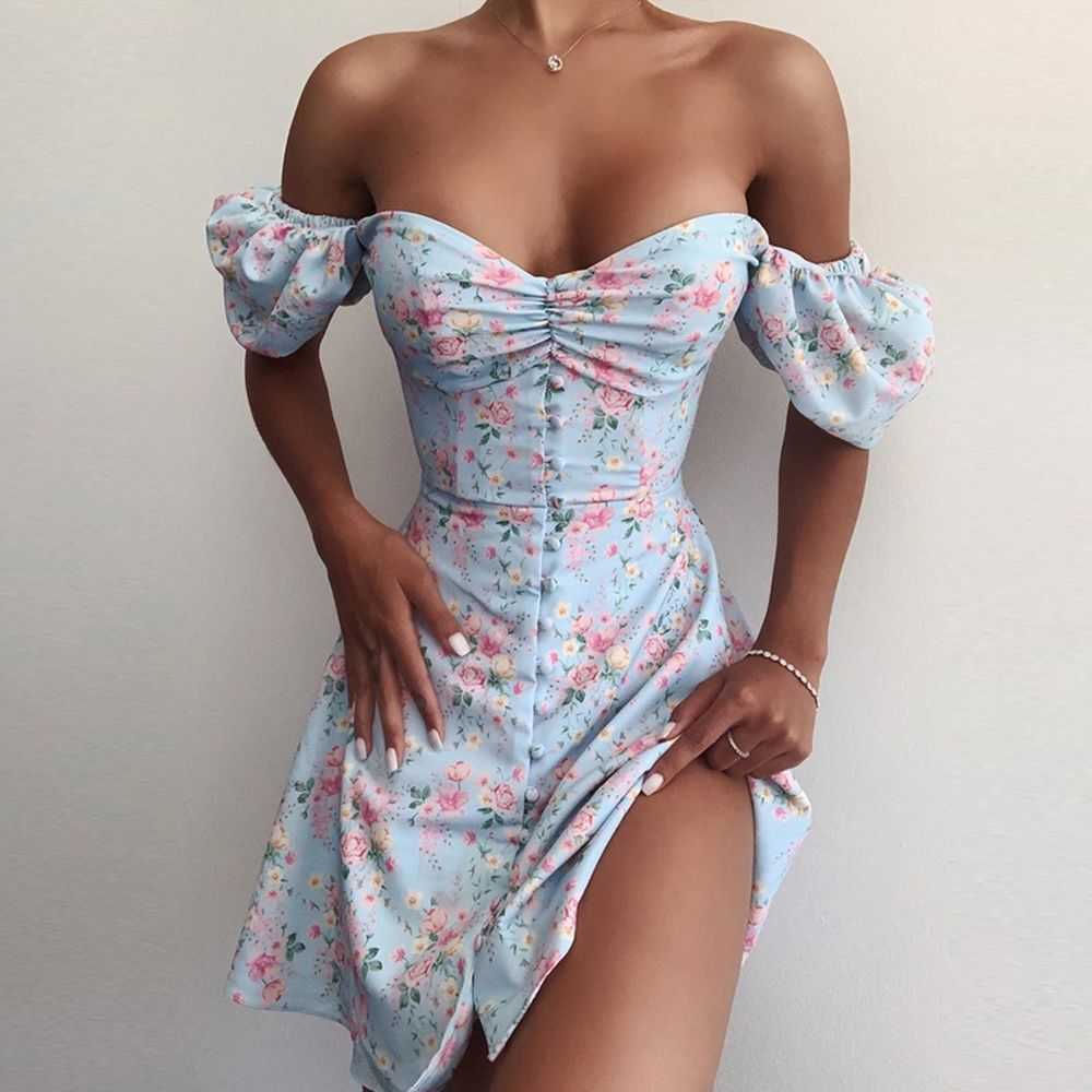 Floral Print Dress Women Summer Sundress Female Robe French Square Collar Puff Sleeve Boho Beach Holiday Sexy Mini Dresses 210630