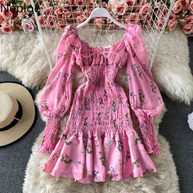 Neploe Spring Dress Woman Square Collar Slim Chiffon Vestidos Ruffles Pleated Lantern Sleeve Floral Robe Bodycon Dresses Women 210422
